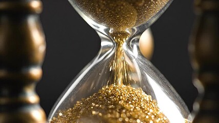 Close-up macro of golden sand grains falling in vintage hourglass, time management and deadline concept. - Powered by Adobe