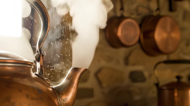 Antique Copper Kettle Steaming in Cozy Kitchen Setting