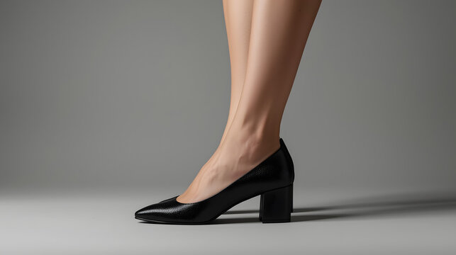 A close-up shot of a woman's legs wearing a stylish black block heel pump shoe on a grey background.