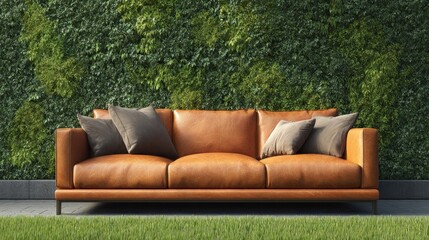 A modern, tan leather sofa with neutral pillows sits outdoors against a wall of lush green foliage and manicured lawn