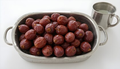 Obraz premium Dates fruit in metal tray with water cup next to it, white background
