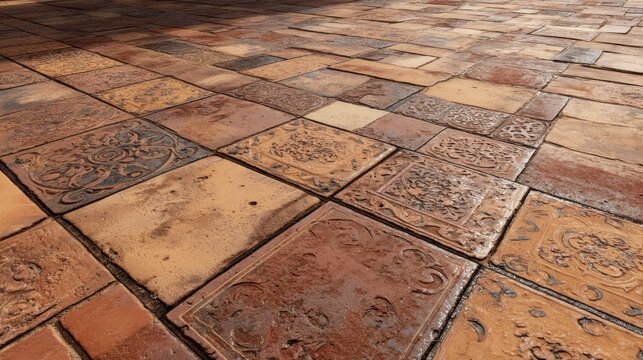 Close-up of an aged, rectangular floor composed of terracotta tiles. Some feature embossed floral designs, while others show varied textures and shades