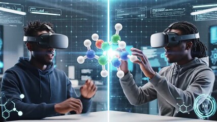 Two men wearing virtual reality headsets interacting with a 3D molecular structure. - Powered by Adobe
