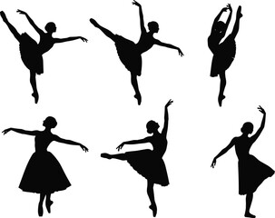 Ballet dancer silhouette illustrations, elegant tutu poses, classical movement art, black vector style for dance, grace, and performance themes © MstSuborna