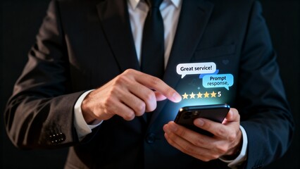 Businessman using smartphone for service feedback