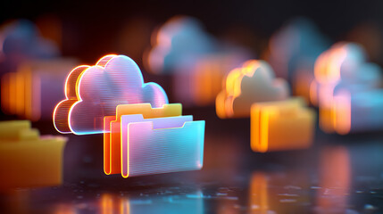 High-quality 3D illustration of cloud data storage with digital folders floating in a cloud network, futuristic technology concept, glowing interfaces, modern digital environment