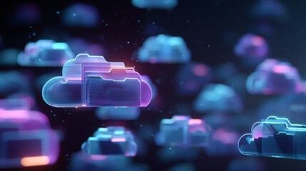 High-quality 3D illustration of cloud data storage with digital folders floating in a cloud network, futuristic technology concept, glowing interfaces, modern digital environment