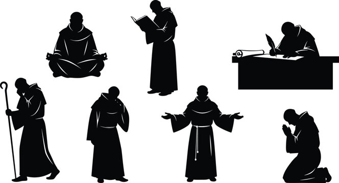 Monk silhouette illustrations, black vector poses for meditation, prayer, study, contemplation, and spiritual lifestyle themes