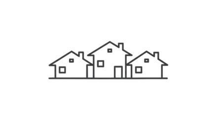 three highly geometric, abstracted residential house silhouettes with distinct hip roofs, rendered as dark gray minimalist vector line art against a transparent background, illustrating neighborhood
