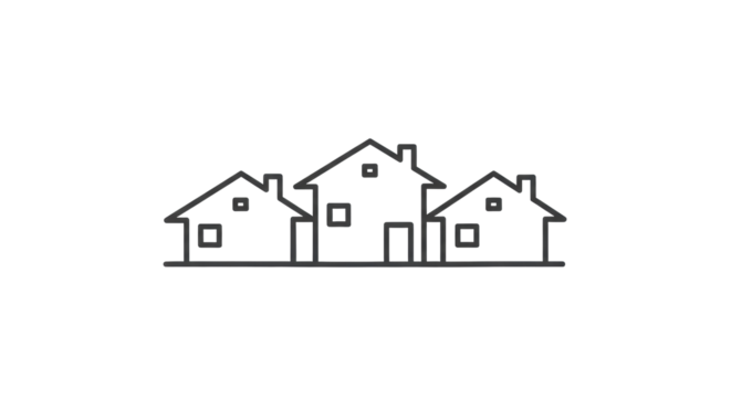 three highly geometric, abstracted residential house silhouettes with distinct hip roofs, rendered as dark gray minimalist vector line art against a transparent background, illustrating neighborhood - Powered by Adobe