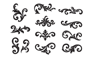 Set of vintage black floral design elements featuring vector ornaments, swirls, and ornate scroll patterns for decorative frames and borders in a classic illustration style © anowara