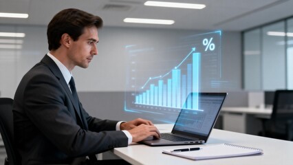 Businessman working on laptop with holographic graph