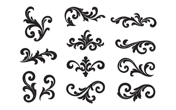Set of vintage black floral design elements featuring vector ornaments, swirls, and ornate scroll patterns for decorative frames and borders in a classic illustration style