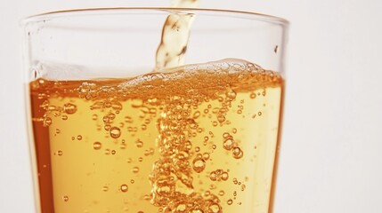 Close-up of a glass of soda with bubbles rising and fizzing, captured mid-bubble formation on white background.