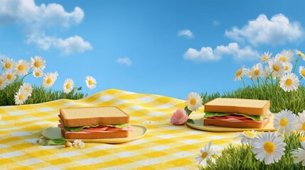 Twin sandwiches at a picnic, surrounded by daisy flowers and a clear blue sky with puffy clouds