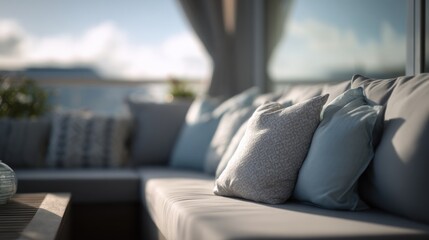Naklejka premium Serene outdoor sofa arrangement featuring neutral pillows & blurred coastal vista background