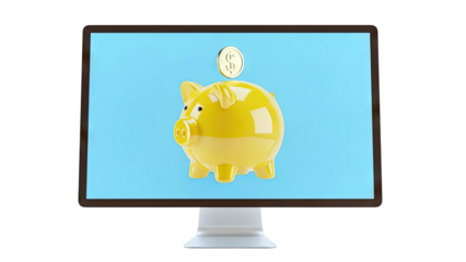 Yellow Piggy Bank on Computer Screen with Dollar Coin
