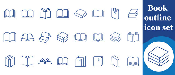 Book outline icon set, primary, page, document, literature, magazine, journal, sign, teacher, bookstore, linear, album, reading, diary, bestseller, instruction, story, newspaper and more