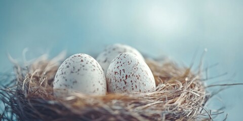 Obraz premium The image displays two speckled eggs pecked and partially out of their nest. The nest is brown and has remnants of the shells scattered around it.