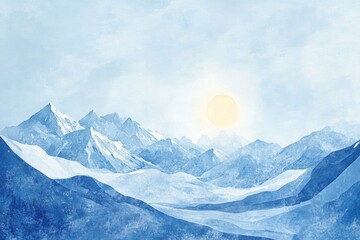 Fototapeta premium A serene mountain landscape bathed in the soft light of a sunrise.