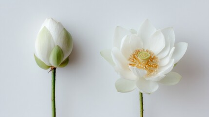 Obraz premium Two lotus flowers one closed bud, one open bloom on clean, bright white