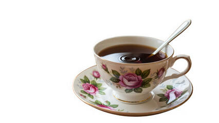 Fototapeta premium A delicate floral teacup filled with black coffee on a matching saucer with a spoon