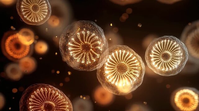 Glowing digital microscopic microorganisms float in dark space with intricate radial emitting warm golden light and mesmerizing visual effect