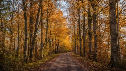 Obraz premium a dirt road surrounded by tall trees with yellow and orange leaves on a sunny day