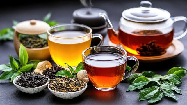 Assorted tea varieties in glass cups and a teapot on a dark surface.