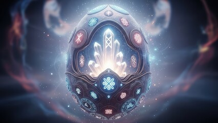 Glowing crystal orb with mystical symbols in space