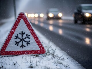 Triangular road sign with a snowflake symbol covered in snow, warning of icy and slippery roads, representing winter driving safety and hazardous weather conditions, red triangular road