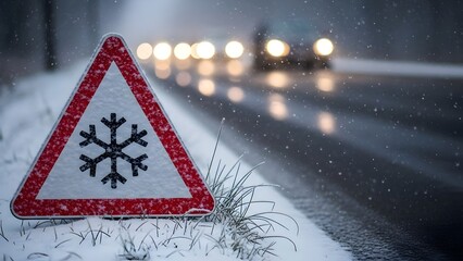 Triangular road sign with a snowflake symbol covered in snow, warning of icy and slippery roads, representing winter driving safety and hazardous weather conditions, red triangular road