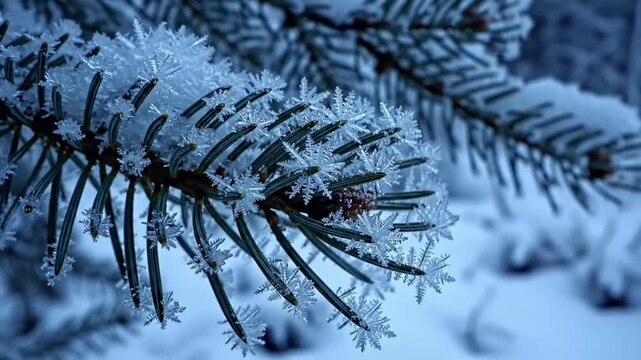 Frozen pine branches in a snowy forest landscape.