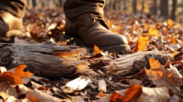 Person in Boots Steps on and Breaks Fallen Tree Branch in Autumn Woods