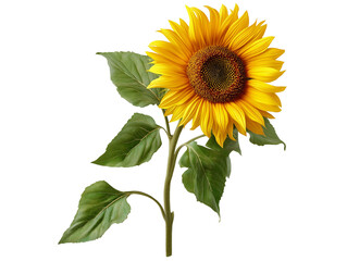 Obraz premium A vibrant sunflower with bright yellow petals and rich green leaves, showcasing nature's beauty against a white isolate background.