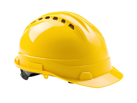 Yellow construction helmet on a white isolated background, symbolizing safety and protection in the workplace.