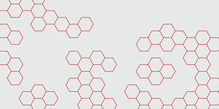 Abstract hexagon pattern background with red striped honeycomb shapes on a light grey surface, a modern geometric design ideal for technology, science and creative layouts.