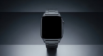 Elegant minimalist presentation of a sleek metal smartwatch with dark screen display
