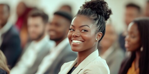 Obraz premium Smiling woman engaging with a crowd of listeners in an indoor setting.