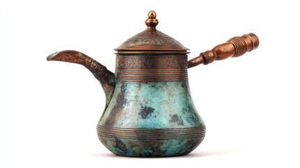 A tarnished copper coffee pot with a wooden handle, ornate design, long spout, and a domed lid, set against a white background