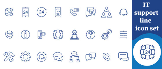 IT support line icon set, collection, desk, care, trust, advice, pictogram, search, vector, security, connection, live, business, editable, stroke, speech, mail, telephone, thin, person, guidance and 