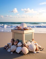 Seashells cascade around a box on a beach with ocean background