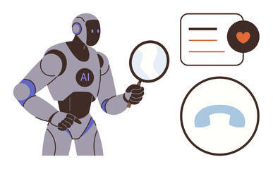 Fototapeta premium Artificial intelligence, data analysis, technology research, machine learning, communication, futuristic concepts. Robot with AI logo inspecting a magnifying glass and communication tools. Artificial