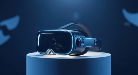 Futuristic Virtual Reality Headset on a Display Stand in a Dimly Lit Blue Room