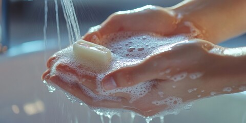 Fototapeta premium Handwashing is an essential hygiene practice. In this image, you see a person's hands being thoroughly cleaned. The soap creates bubbles which help remove dirt and bacteria from the skin