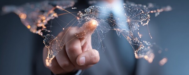 A business professional interacts with a digital world map, showcasing global connectivity and technology.
