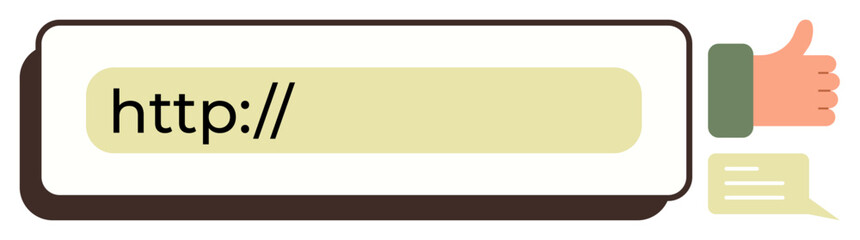 Online communication, internet approval, user feedback, social media, digital approval, web interaction. Address bar with http text, thumbs up and speech bubble. Online communication and internet
