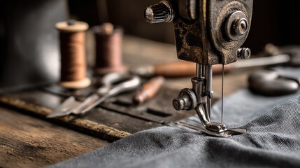 Close-up of a vintage sewing machine with fabric, spools and scissors on a wooden surface