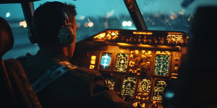 The image captures a moment of focused determination in the cockpit of an airplane. The pilot, dressed in professional attire and equipped with headphones, is immersed
