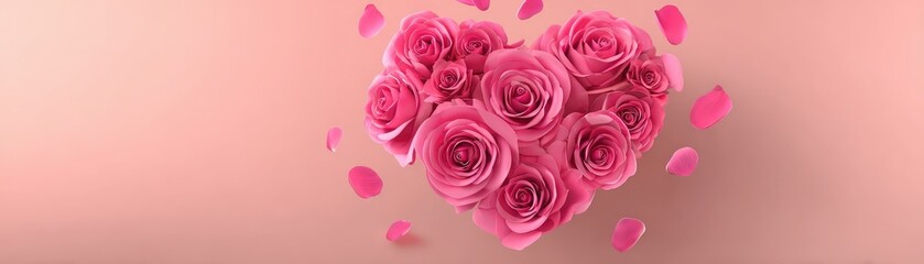 Naklejka premium A heart-shaped arrangement of pink roses on a soft background, surrounded by scattered rose petals, symbolizing love and romance.